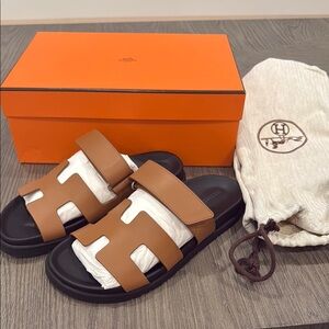Hermes Tan and Black Sandals